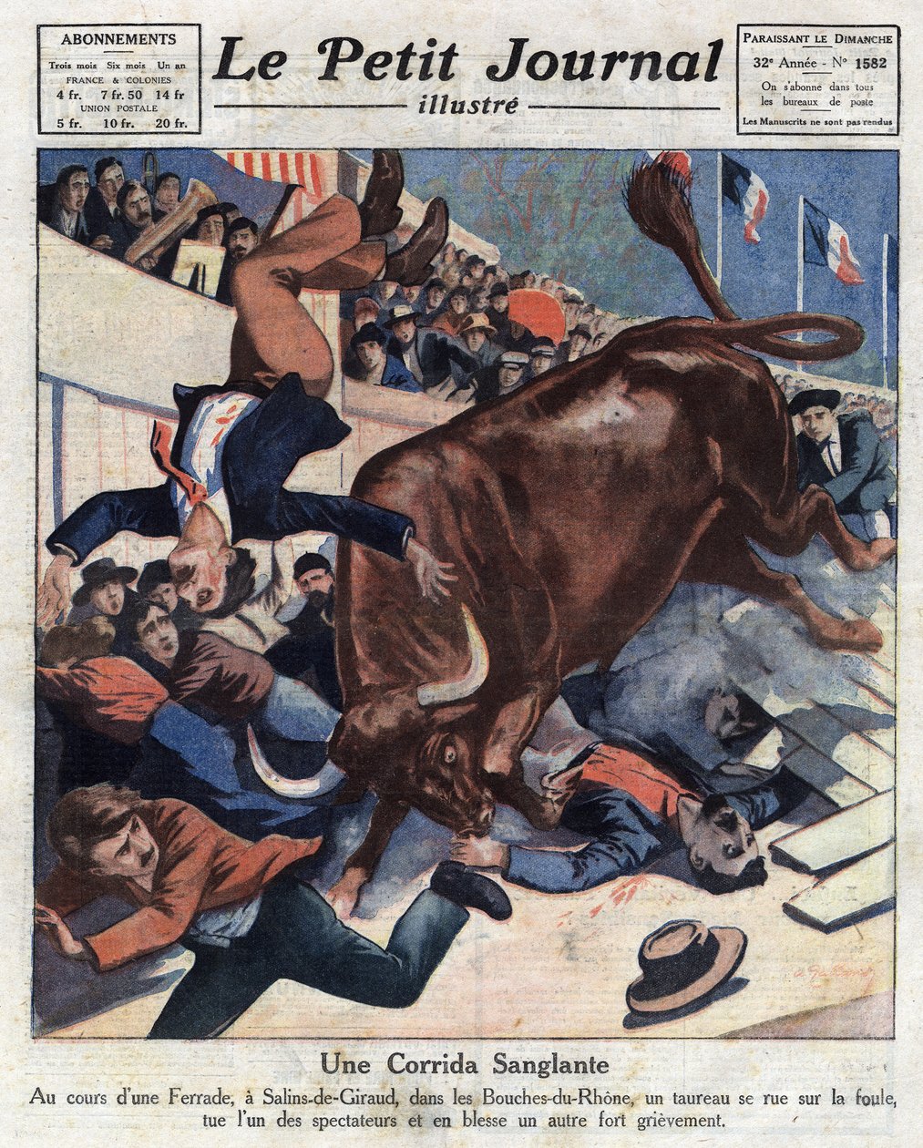 En olycka under en tjurfäktning i Salins-de-Giraud (Salins de Giraud) (Bouches du Rhone), en tjur faller ut i folkmassan och skadar en av åskådarna. Illustration från "" Le petit journal"" från 1921-04-17, privat samling av Anonymous Anonymous