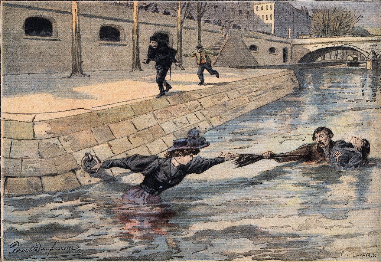 En genialisk räddning: nära den Helige Faderns bro räddas en kvinna som har fallit ut i noten av en man som hjälpte en annan kvinna. Gravyr från tidningen "" Le Petite Parisien"", 1908-03-08. Privat samling. av Anonymous Anonymous