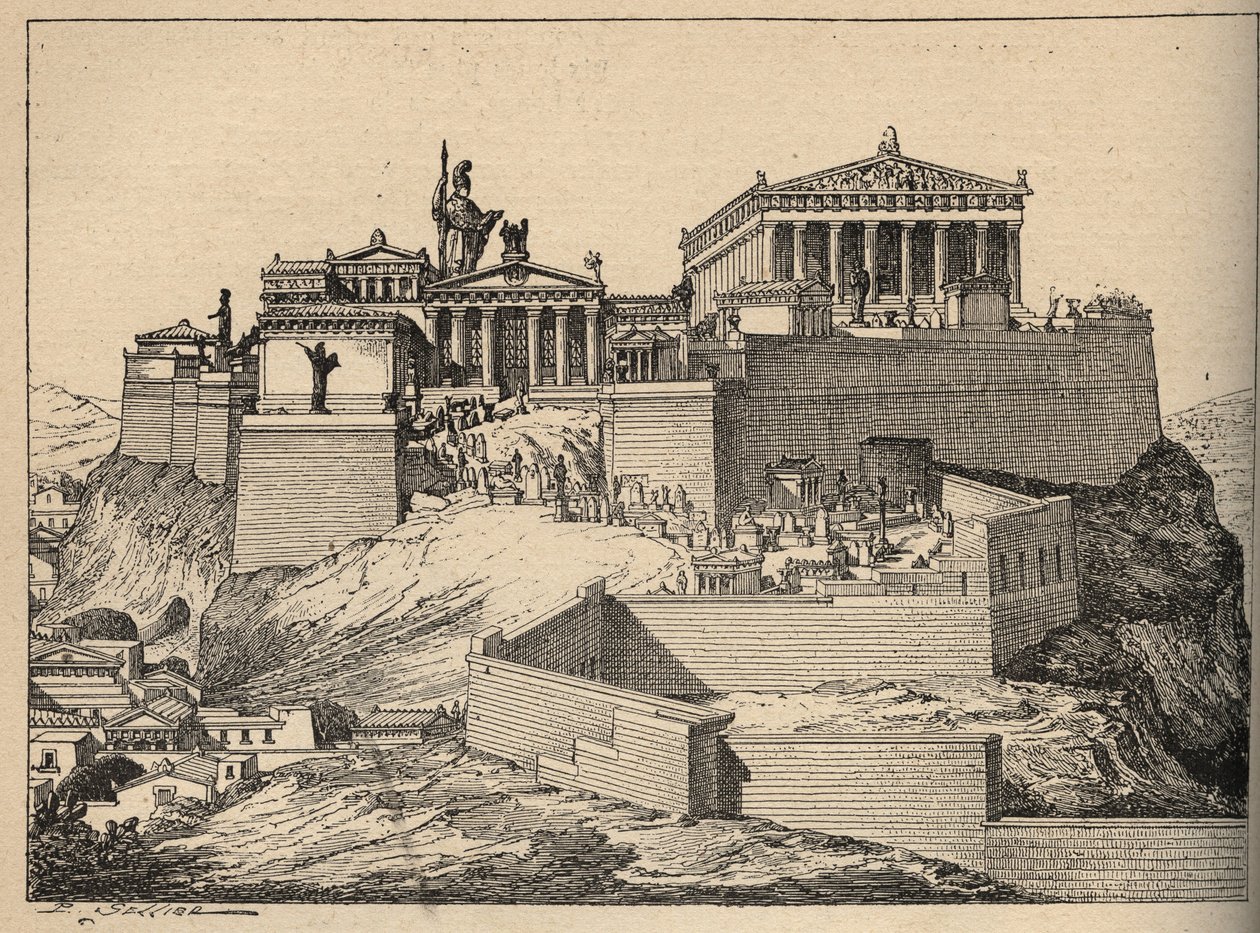 Antikens Grekland: Parthenon, Athenas tempel, på kullen av Akropolis i Aten (Forntida Grekland: Aten, Akropolis - Parthenon - gravyr 1890 av Anonymous Anonymous