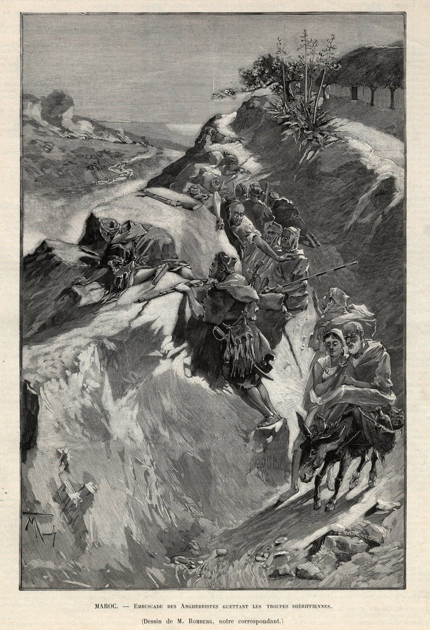 Andjera bergsuppror i Marocko: bakhåll av Angherrister som väntar på sherifftrupper. Gravyr i "Le monde illustree" från 1892. Privat samling. av Anonymous Anonymous