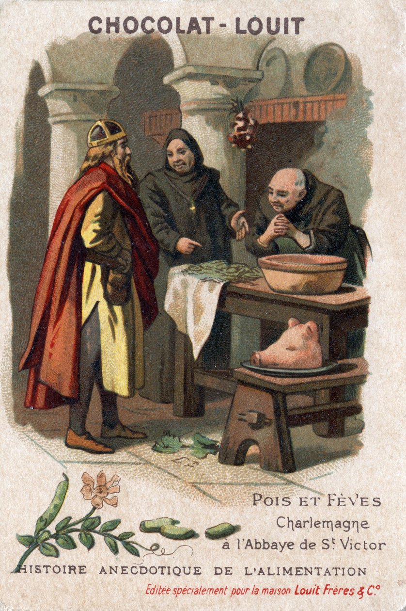 Anekdotisk historia av mat: ärtor och feber. Karl den Store (Karl I, känd som Karl den Store, 742-814) frågar efter receptet från munkarna i klostret Saint Victor som tillagade ärter på ett anmärkningsvärt sätt. Choklad-Louit kromolitografi, sent 1800-tal av Anonymous Anonymous