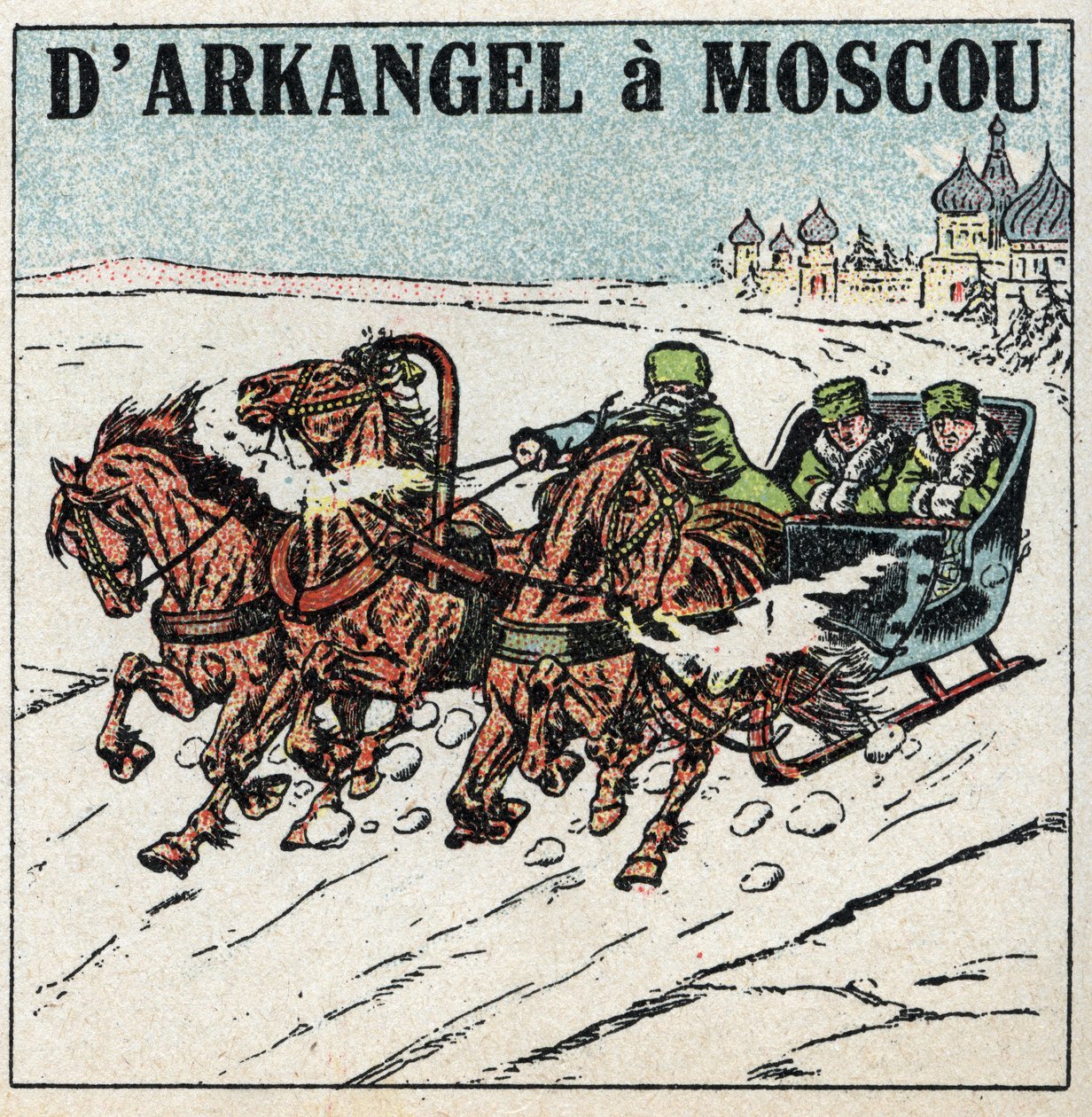 Djurdragning: från Arkangel till Moskva. En trojka i Ryssland. Anonym illustration från 1925. Privat samling. av Anonymous Anonymous