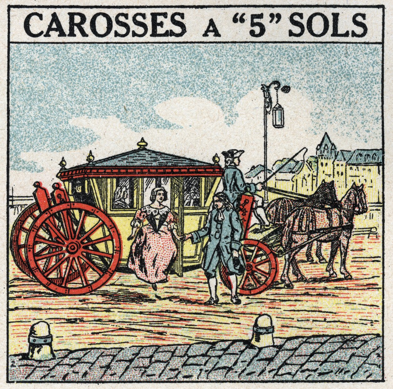 Djurdragning: en vagn med 5 våningar, ett transportsätt reserverat för borgarna under Ludvig XIV i Frankrike. Anonym illustration från 1925. Privat samling. av Anonymous Anonymous