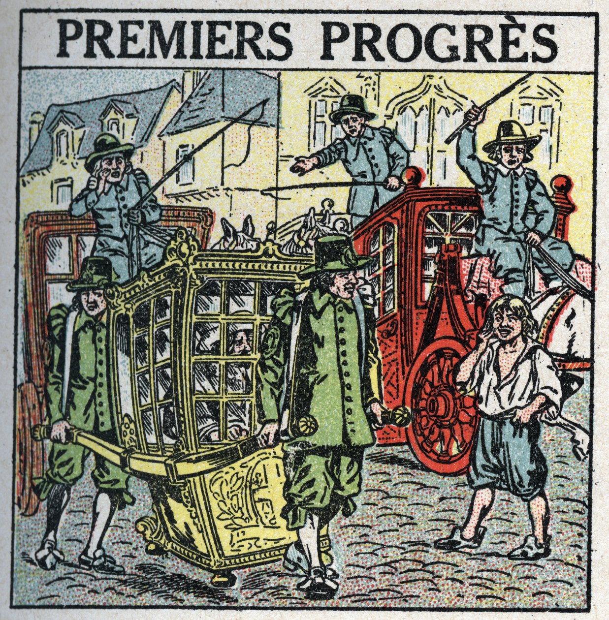 Djurdragkraft: en bärstol som stör trafiken. Anonym illustration från 1925. Privat samling. av Anonymous Anonymous