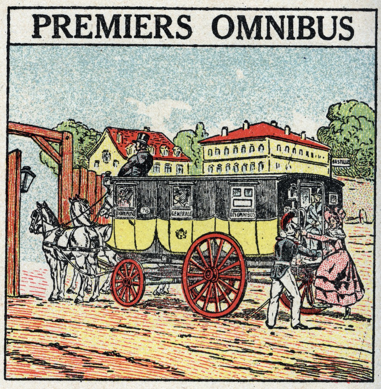Djurdragkraft: första omnibus dök upp i Frankrike under Karl X (1824-1830). Anonym illustration från 1925. Privat samling. av Anonymous Anonymous