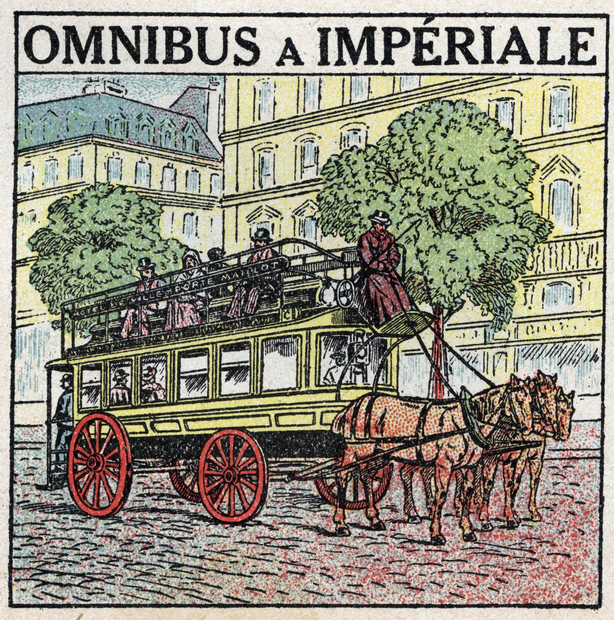 Djurdragning: omnibus a imperiale på 1800-talet. Anonym illustration från 1925. Privat samling. av Anonymous Anonymous