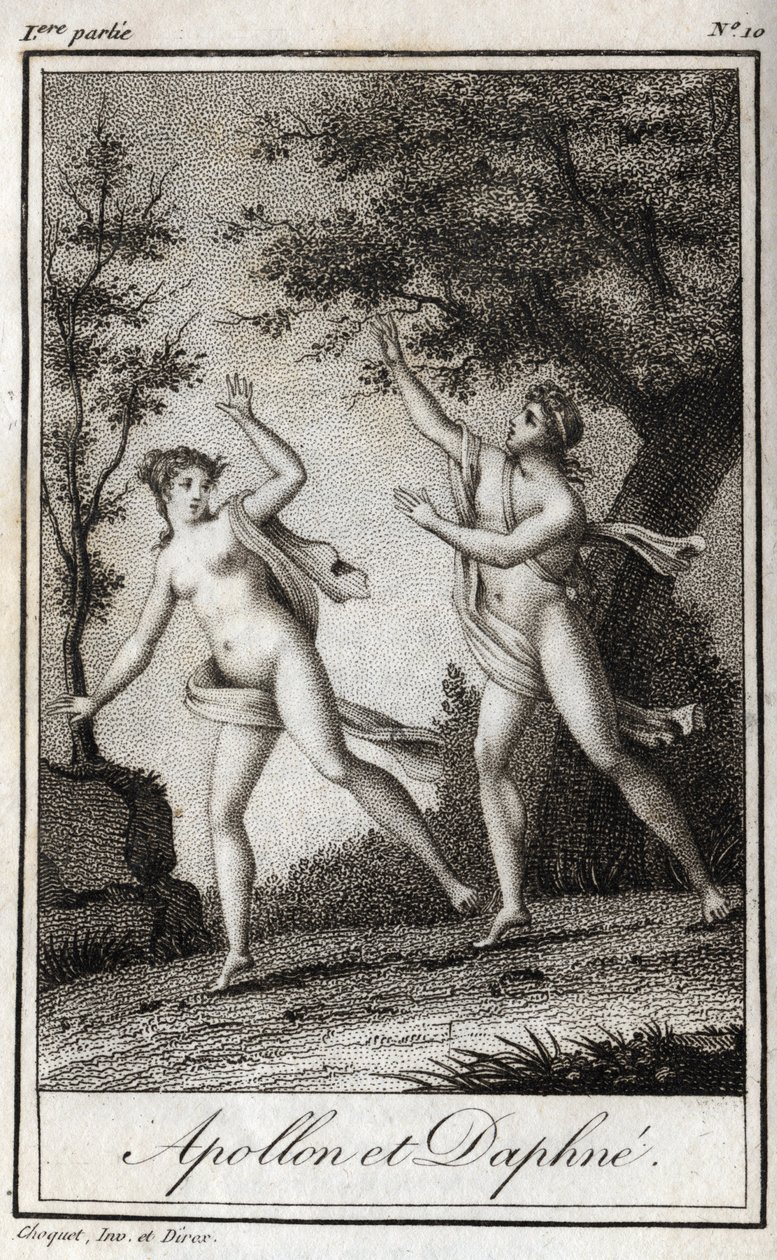 Apollo och Daphne. Nymfen Daphne förvandlas till en lagrar för att fly Apollo. Gravyr från 1819 i "Lettres a Emilie sur la mythologie" av Charles Albert Demoustier (1760-1801). Privat samling. av Anonymous Anonymous
