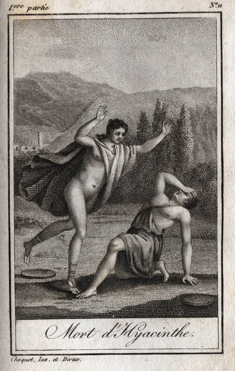 Apollo och Hyacinthos (Hyacinthes död) Gravyr från 1819 i "Lettres a Emilie sur la mythologie" av Charles Albert Demoustier (1760-1801). Privat samling. av Anonymous Anonymous