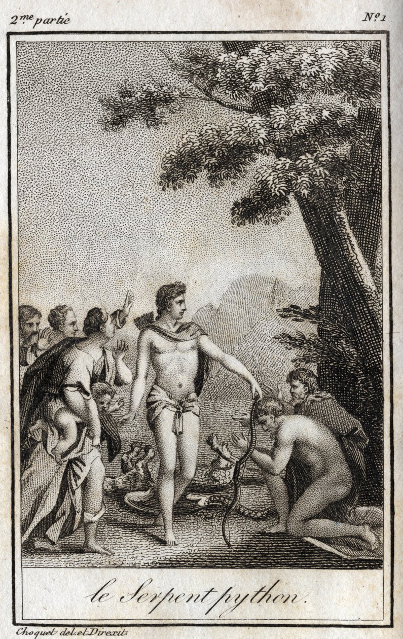 Apollon och Pythonormen på berget Parnassus. Gravyr från 1819 i "Lettres a Emilie sur la mythologie" av Charles Albert Demoustier (1760-1801). Privat samling. av Anonymous Anonymous