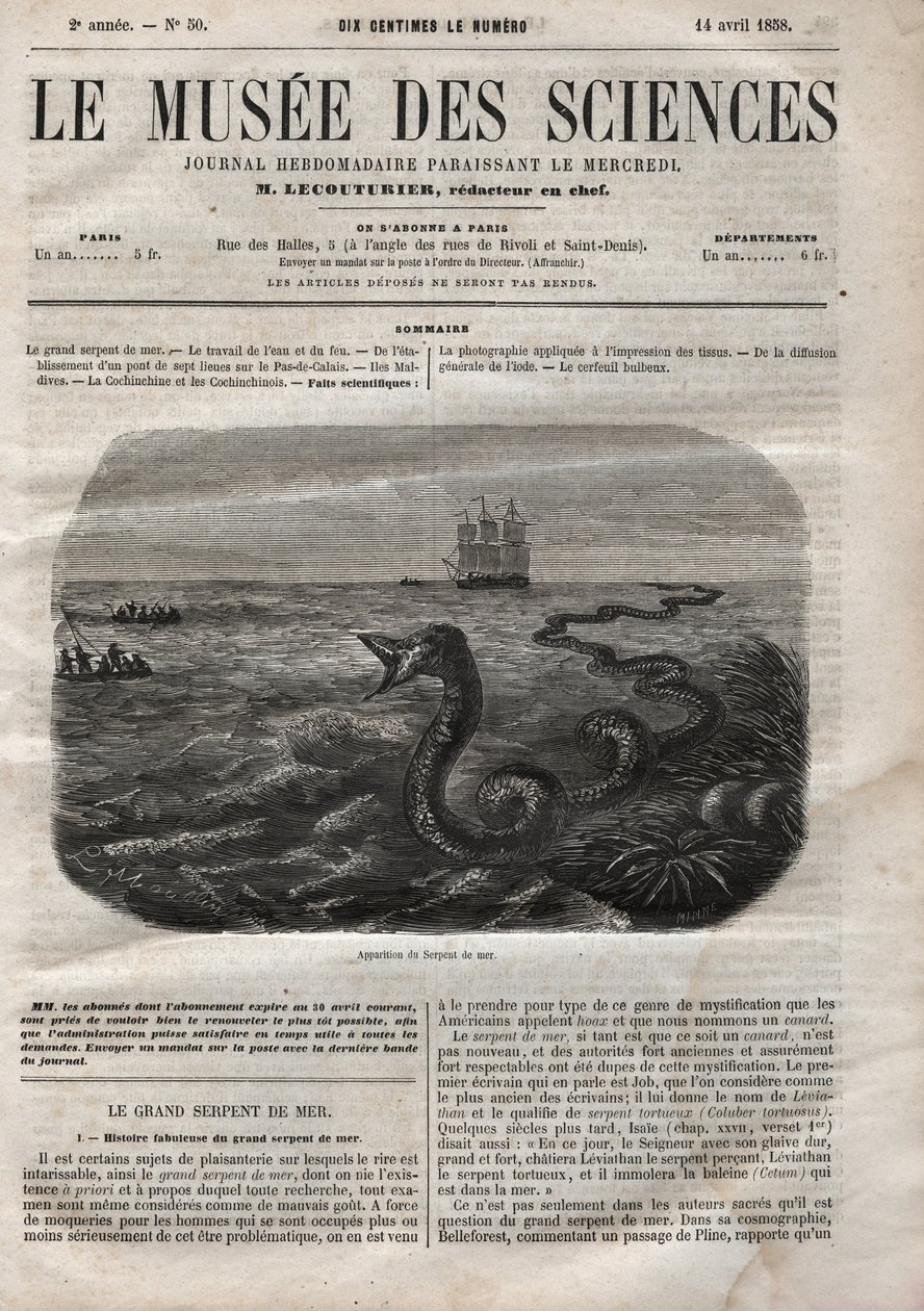 Utseendet av havsormen. Gravyr från 1858. Ett av "Musee des sciences"" den 14 april av Anonymous Anonymous