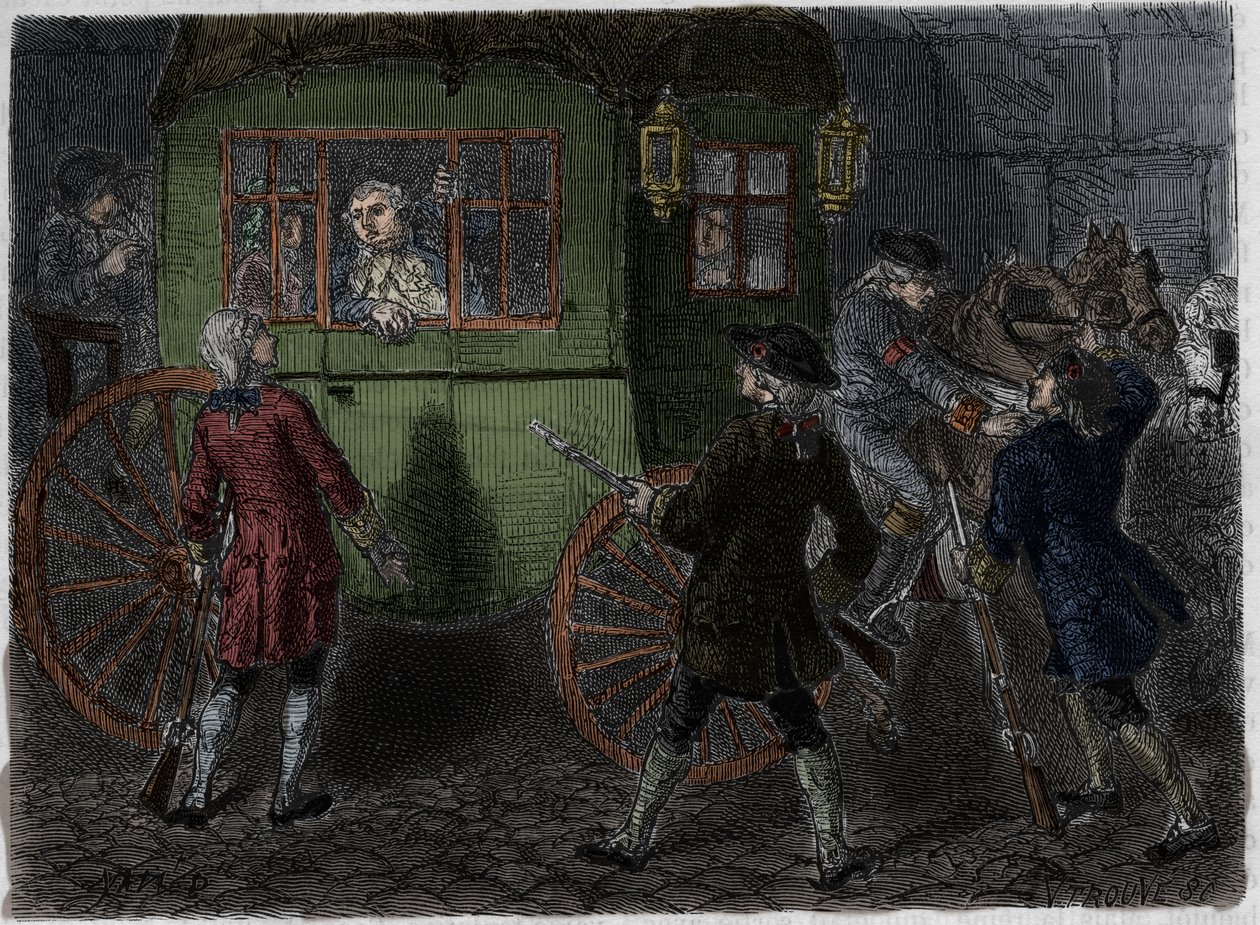 Gripande av Ludvig XVI (1754-1793) och hans flyende familj i Varennes den 21 juni 1791. Gravyr från 1866 i "Histoire de la Revolution francaise"" av Adolphe Thiers. . av Anonymous Anonymous