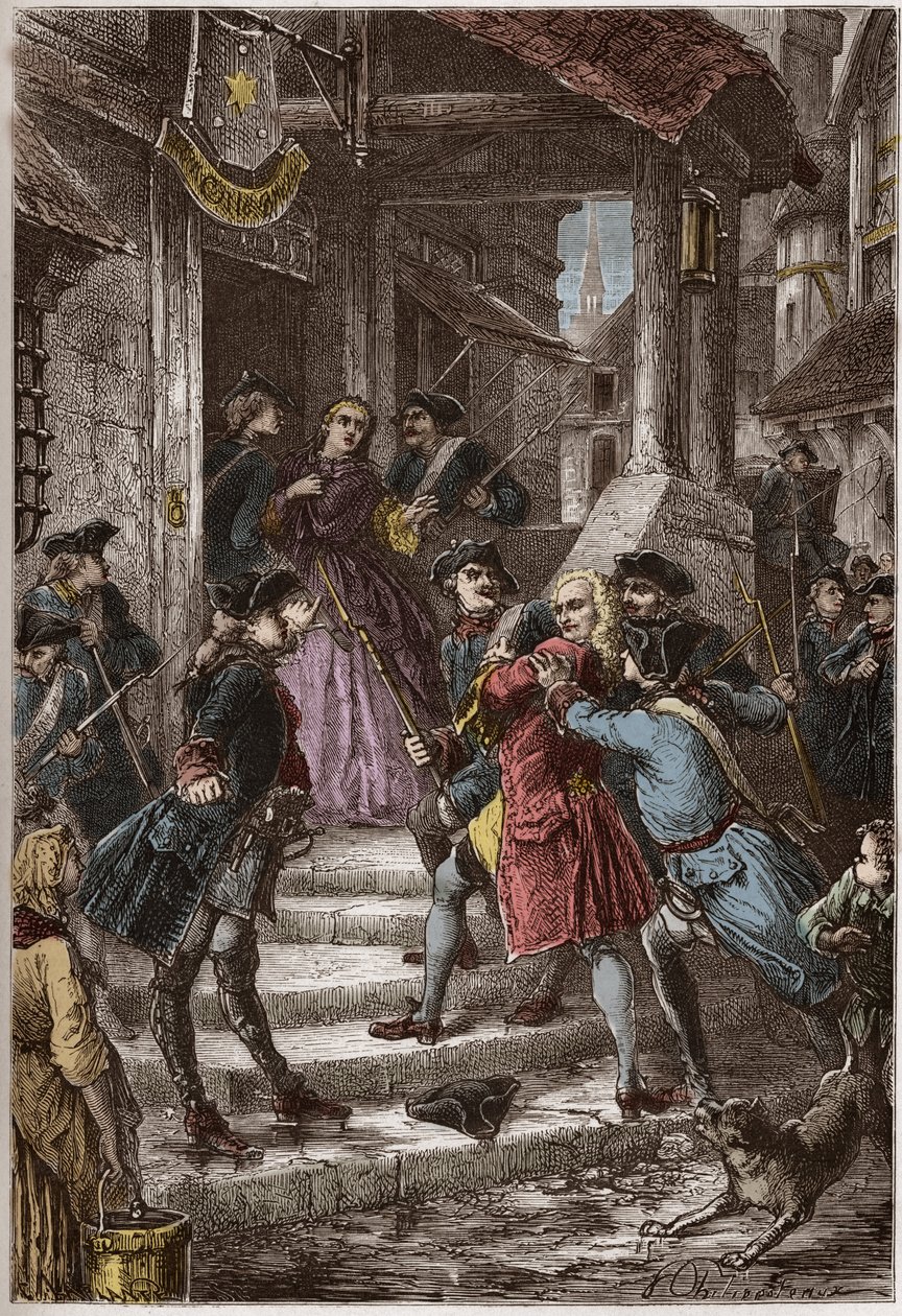 Gripande av Voltaire och hans systerdotter i Preussen, på order av Fredrik den Store - gravyr från "" L