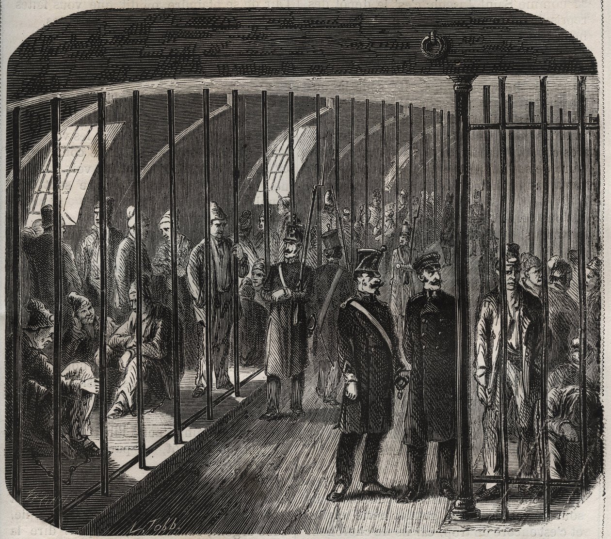 Ankomst av styrkorna ombord under konvojen från Toulon till Cayenne (Guyana) i enlighet med dekretet av den 8 december 1851. Gravyr i "Historia om fängelserna från deras tillkomst till våra dagar" (1877) av Pierre Zaccone (1817- 1895) (Colonia Penale - Pen av Anonymous Anonymous