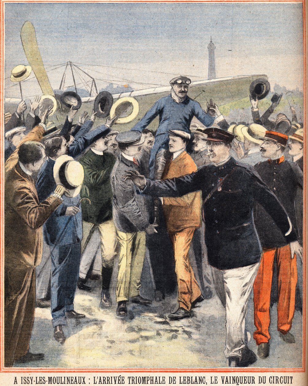 Ankomsttriumf av Alfred LeBlanc (1869-1921), fransk pilot, vinnare av luftkretsen vid Issy Les Moulineaux (Issy-Les-Moulineaux). Gravyr i "Den lille parisaren" 1910-08-14 av Anonymous Anonymous