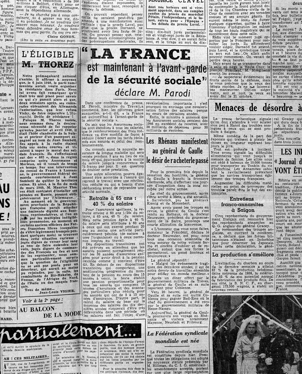 Artikel om social trygghet: "Frankrike ligger nu i framkant av social trygghet säger Mr Parodi" 1945 av Anonymous Anonymous