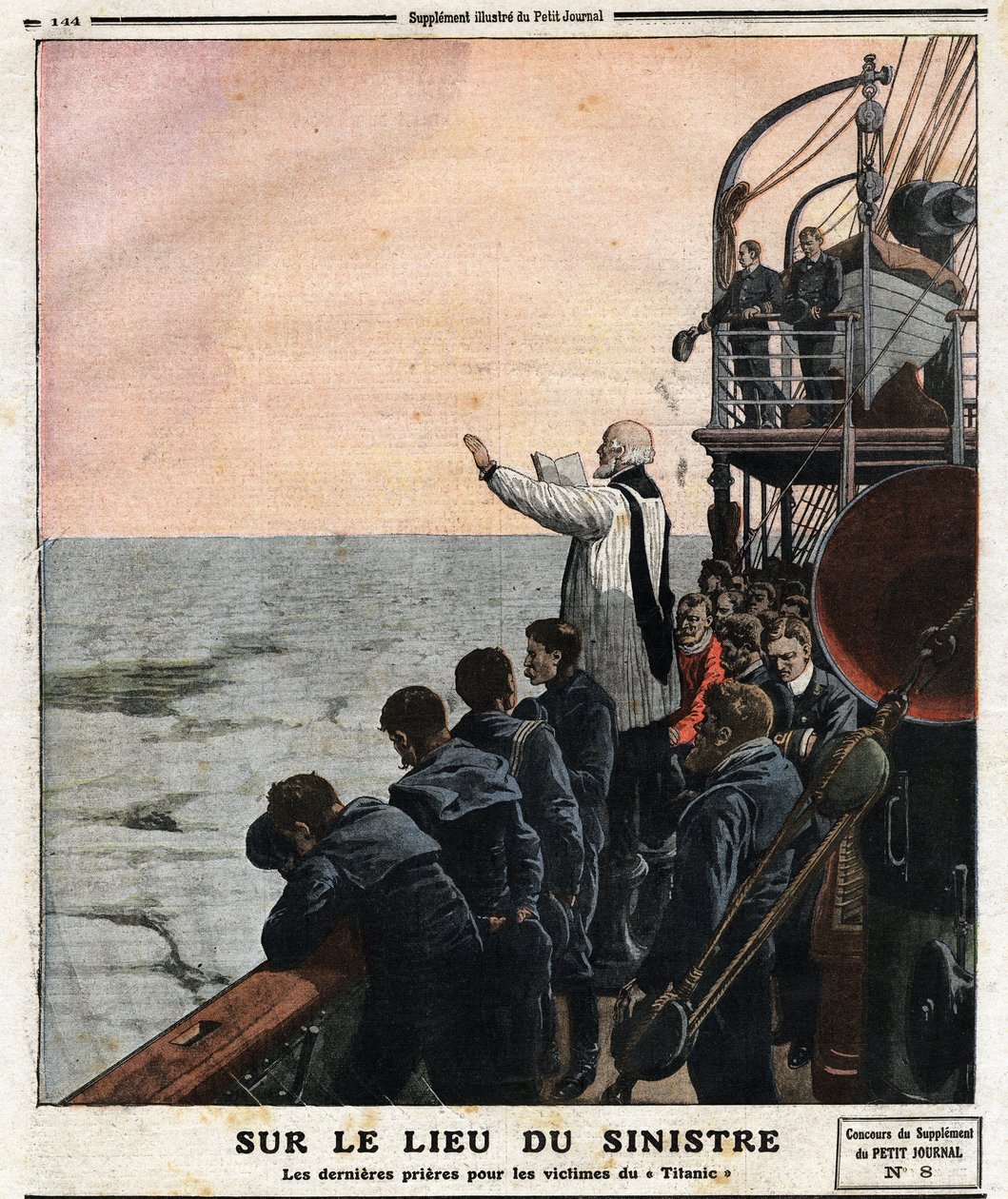 På platsen för katastrofen, de sista bönerna för Titanics offer. På sin invigningsresa från Southampton till New York slog det brittiska transatlantiska linjefartyget "The Titanic" ett isberg natten till den 14 april av Anonymous Anonymous