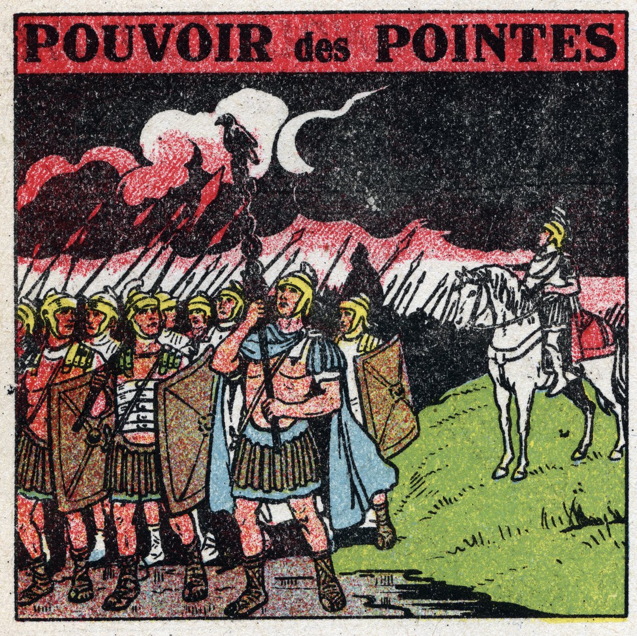 Atmosfärisk elektricitet: Romerska legionärer upptäcker att spetsen av deras spadar verkar antändas under en storm. Anonym illustration från 1925. Privat samling. av Anonymous Anonymous