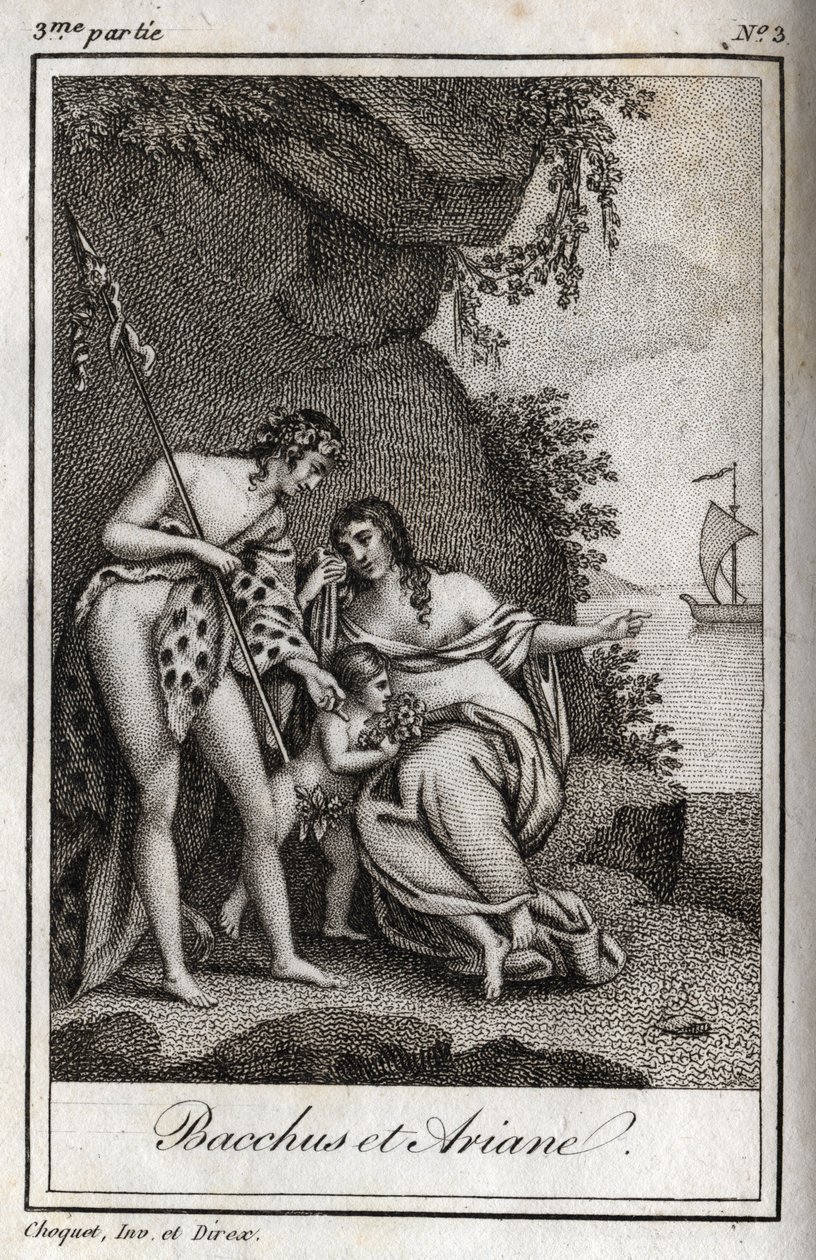 Bacchus et Ariane (Bacchus och Ariadne) Gravyr från 1819 i "Lettres a Emilie sur la mythologie" av Charles Albert Demoustier (1760-1801). Privat samling. av Anonymous Anonymous