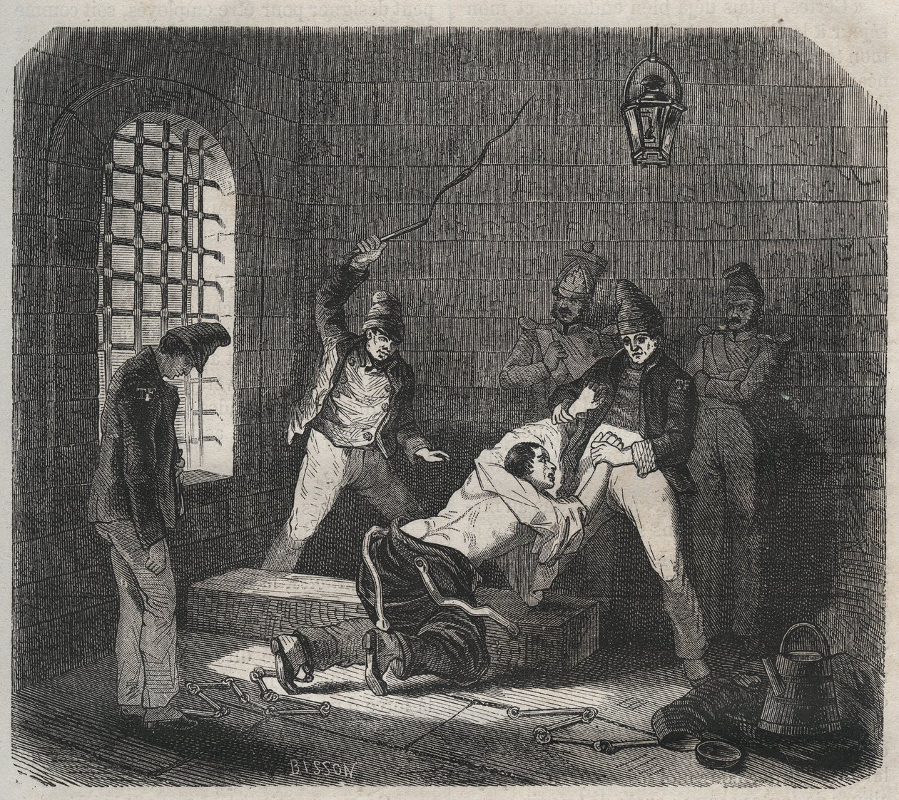 Prison of Brest: caning. Gravyr i "Fångarnas historia från deras skapelse till idag" (1877) av Pierre Zaccone (1817-1895) (Colonia Penale - Straffkoloni). Privat samling. av Anonymous Anonymous