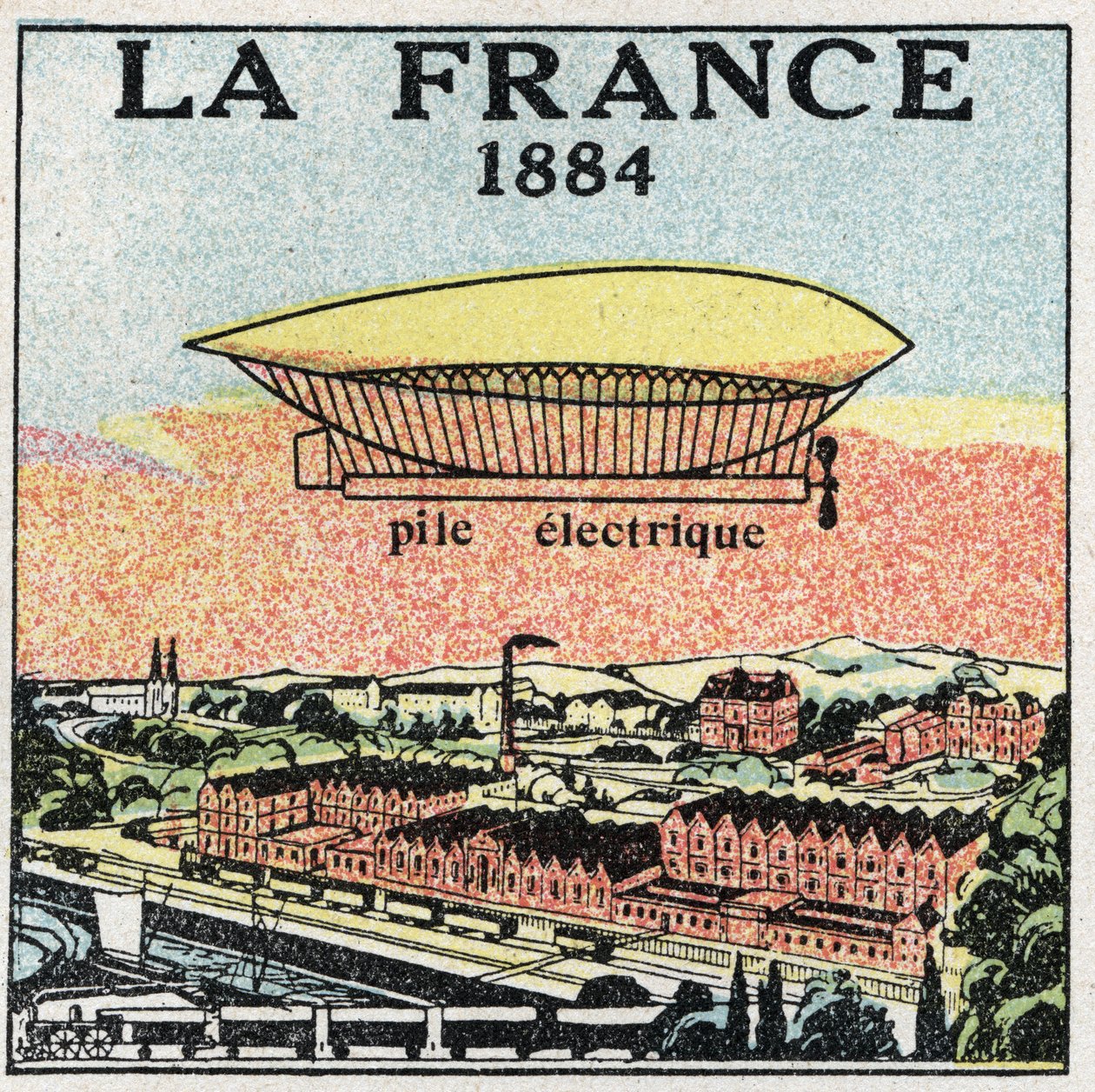 Ballonger: luftskeppet "" La France"" 1884 med det elektriska batteriet som uppfanns av fransmännen Renard och Krebs. Anonym illustration från 1925. Privat samling. av Anonymous Anonymous
