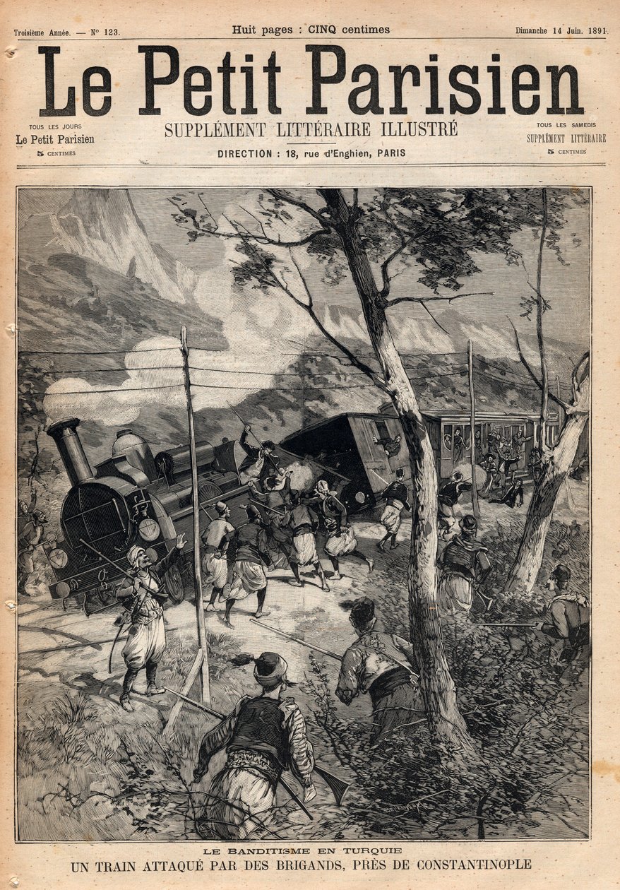 Bandit i Turkiet, ett tåg attackerat av rånare nära Konstantinopel. Gravyr i "" Le petit Parisien"" från 1891. Privat samling. av Anonymous Anonymous
