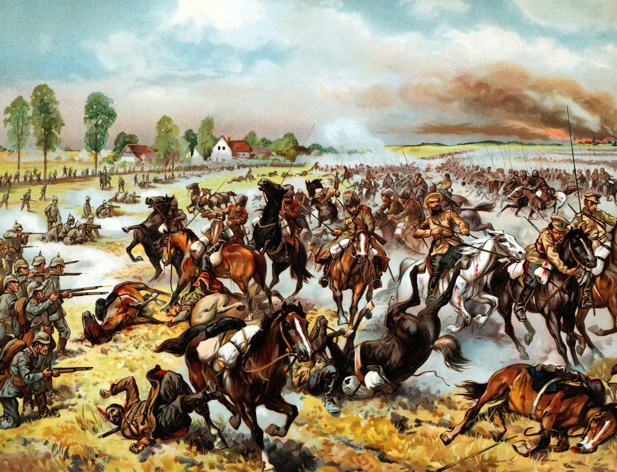Slaget vid Tannenberg (nu Stebark, Polen) (1914) - mellan den tyska VIII:e armén och de ryska första och andra arméerna - Slaget vid Tannenberg, augusti 1914 - Anonym - 1914 - Färglitografi - 32,6x41,8 - Privat samling av Anonymous Anonymous