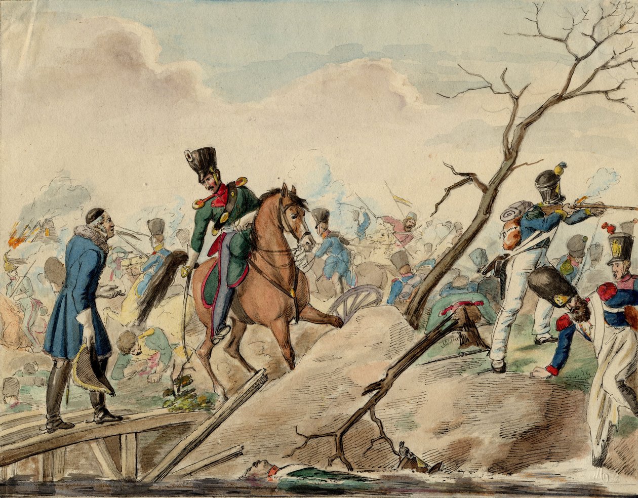Bataille de Leipzig (bataille des Nations) - En episod från slaget vid Leipzig - Anonym - 1813 - Akvarell på papper - 16,2x20,8 - Privat samling av Anonymous Anonymous