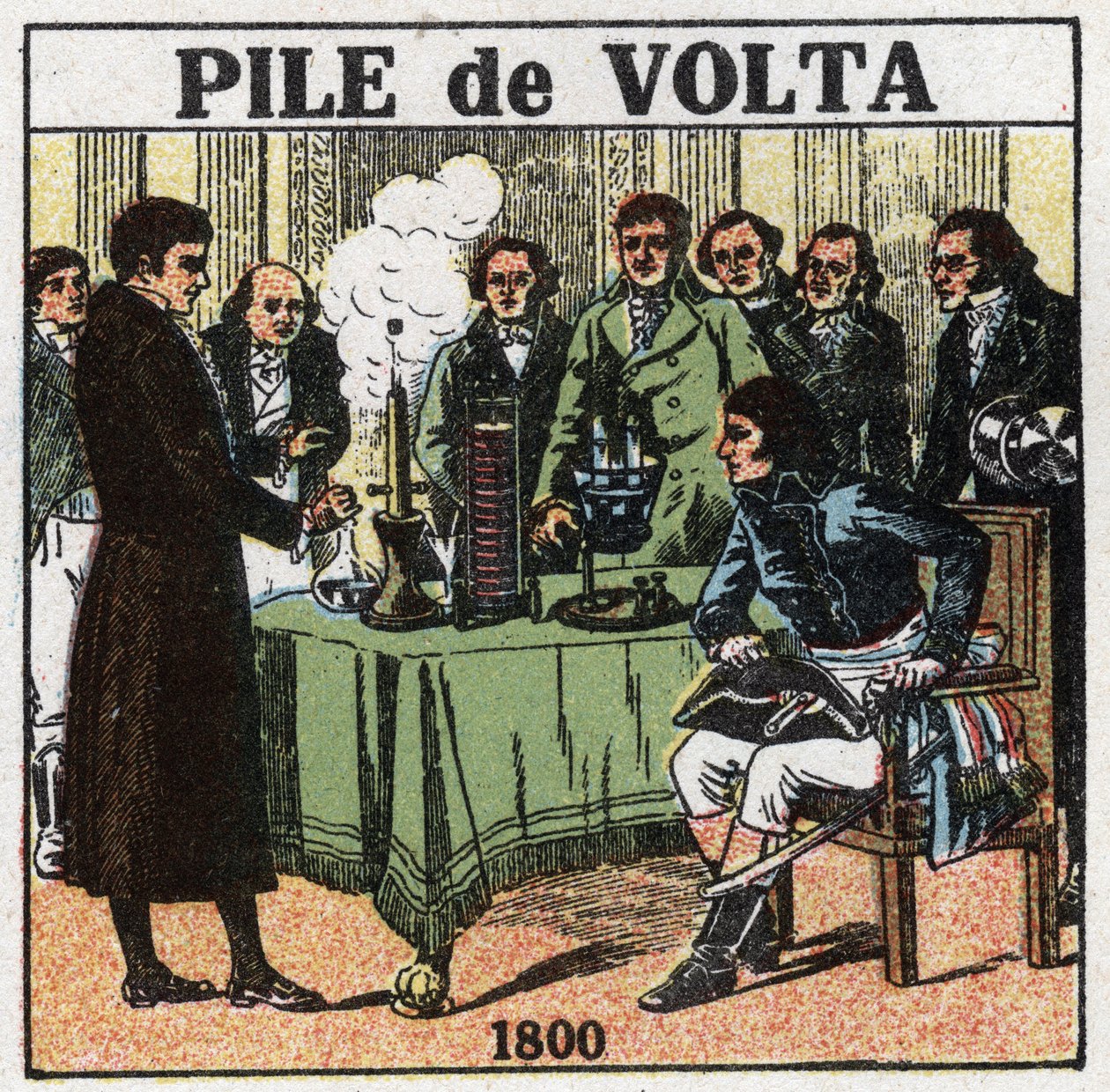 Batterier och ackumulatorer: Alessandro (Alexandre) Volta (1745-1827) presenterade 1801 för konsul Napoleon Bonaparte (1769-1821) vid Institut national de France resultaten av hans experiment som gjorde det möjligt för honom att uppfinna det elektriska bat av Anonymous Anonymous