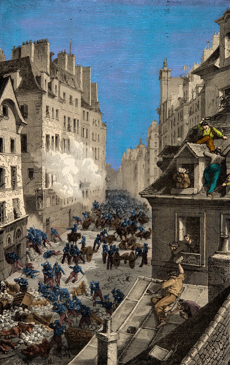 Slaget vid barrikaden av Rue Saint Antoine 1830, gravyr, privat samling av Anonymous Anonymous