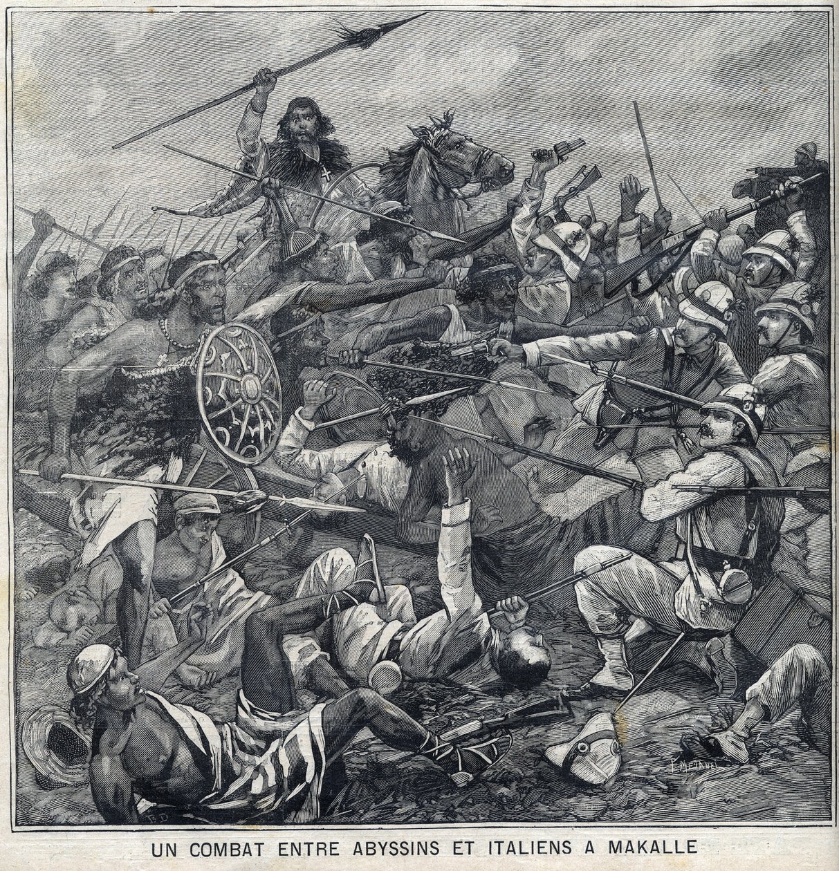 Strid mellan Abyssins of Menelik II och italienare i Makalle, Etiopien. Gravyr i "" Le Petite Parisien"" av Anonymous Anonymous