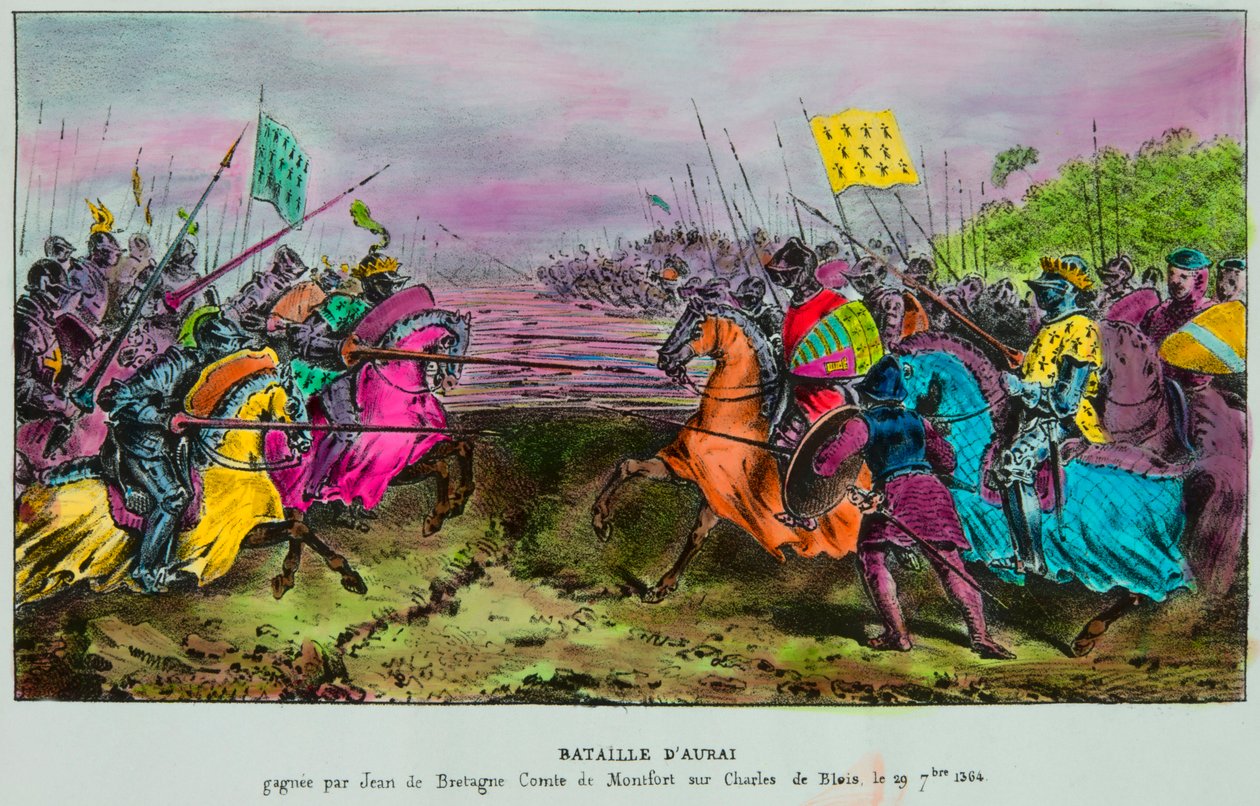 Slaget vid Auray den 29 september 1364, sista striden i tronföljden av Bretagne mellan en anglobretonsk armé mot order av Johannes IV av Bretagne (John III av Montfort, Jean Le Conquereur eller Le Vaillant av Anonymous Anonymous