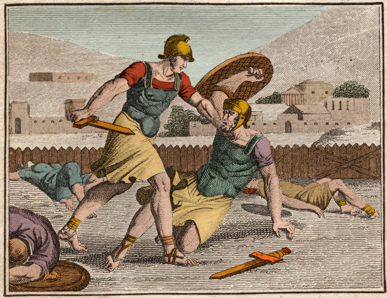 Slaget vid Horaces och Curiaces - Slaget mellan Horatii och Curiatii - Gravyr från "" The Rollin of Youth or Selected Pieces of Ancient and Roman Stories"" 1816 - Privat samling av Anonymous Anonymous