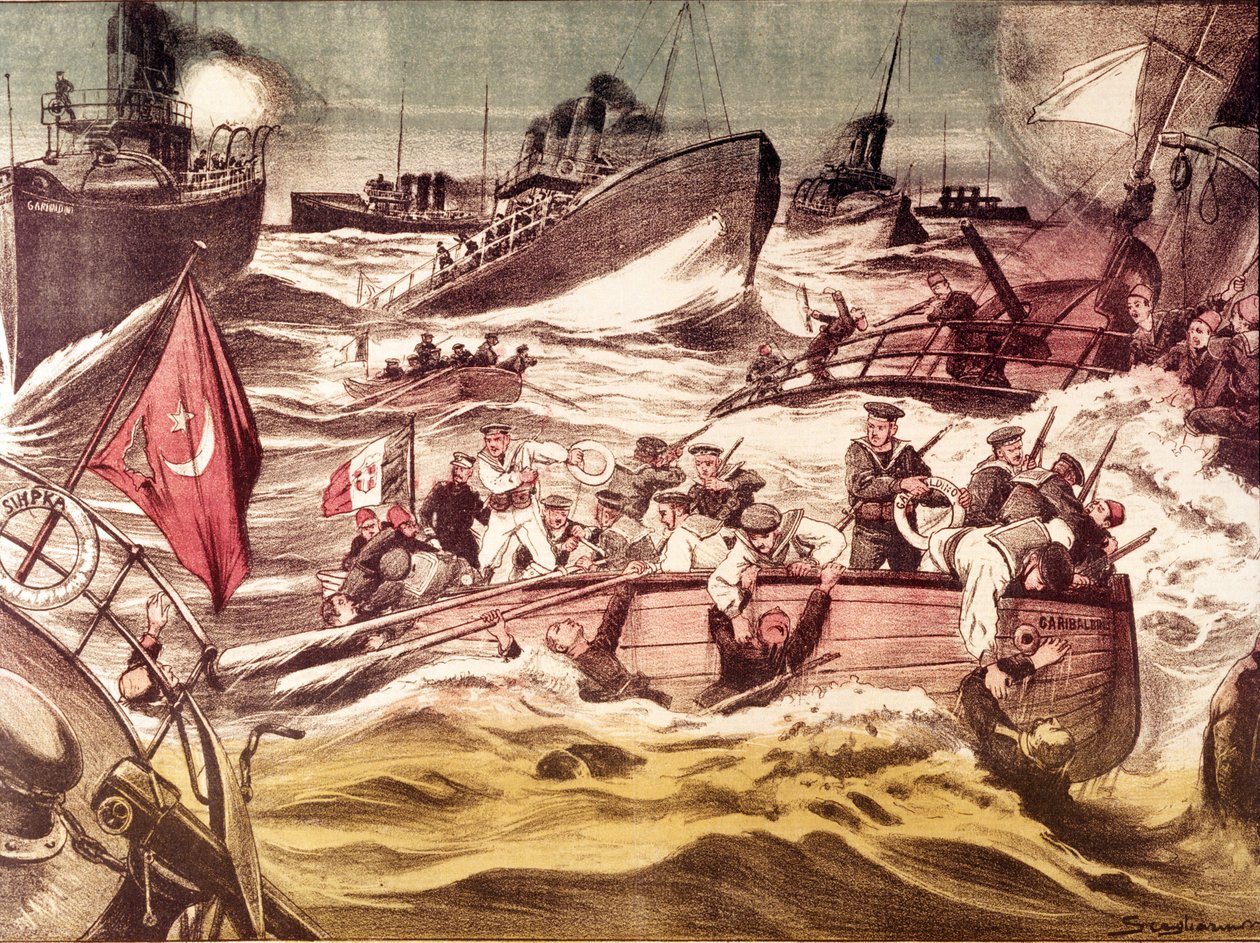Slaget vid Kunfuda (Kunfida Kunfidah): sjöslag utkämpades den 7 och 8 januari 1912, under det italiensk-turkiska kriget (1911-1912), i Röda havet, framför hamnen i Kunfuda, Saudiarabien. av Anonymous Anonymous