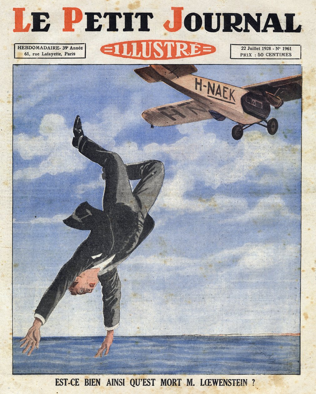 Den belgiske bankiren Alfred Loewenstein dog (1877-1924) när han föll från ett plan i Engelska kanalens vatten den 4 juli 1928, "Le petit journal illustre" av Anonymous Anonymous