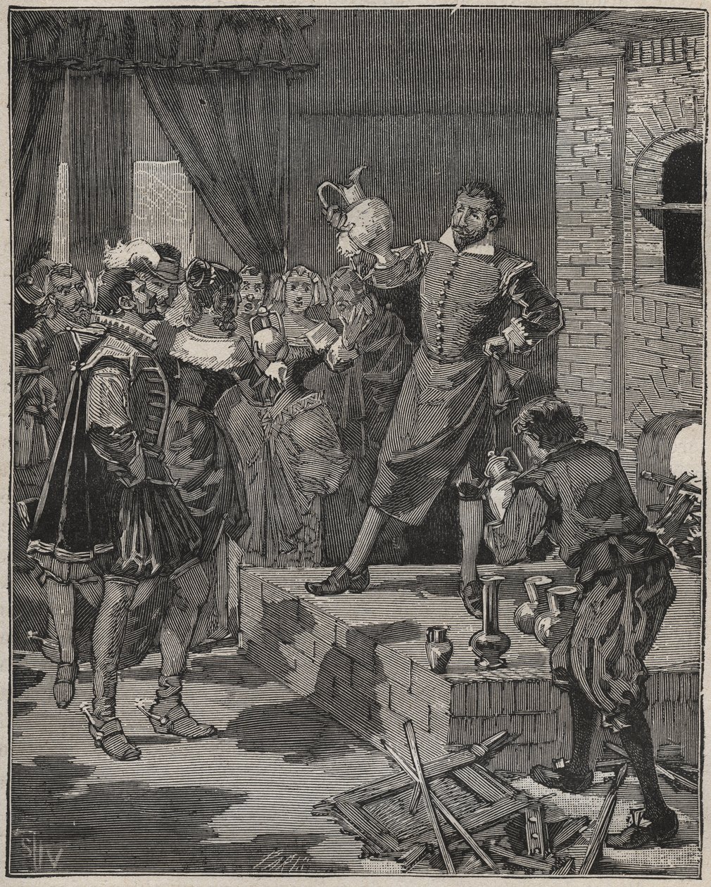 Bernard Palissy (1510-1589), fransk triumferande keramiker, tar bort sina första bitar av emalj från ugnen. Gravyr från 1880 i "" Les arts et metiers illustres"" av Adolphe BITARD. av Anonymous Anonymous