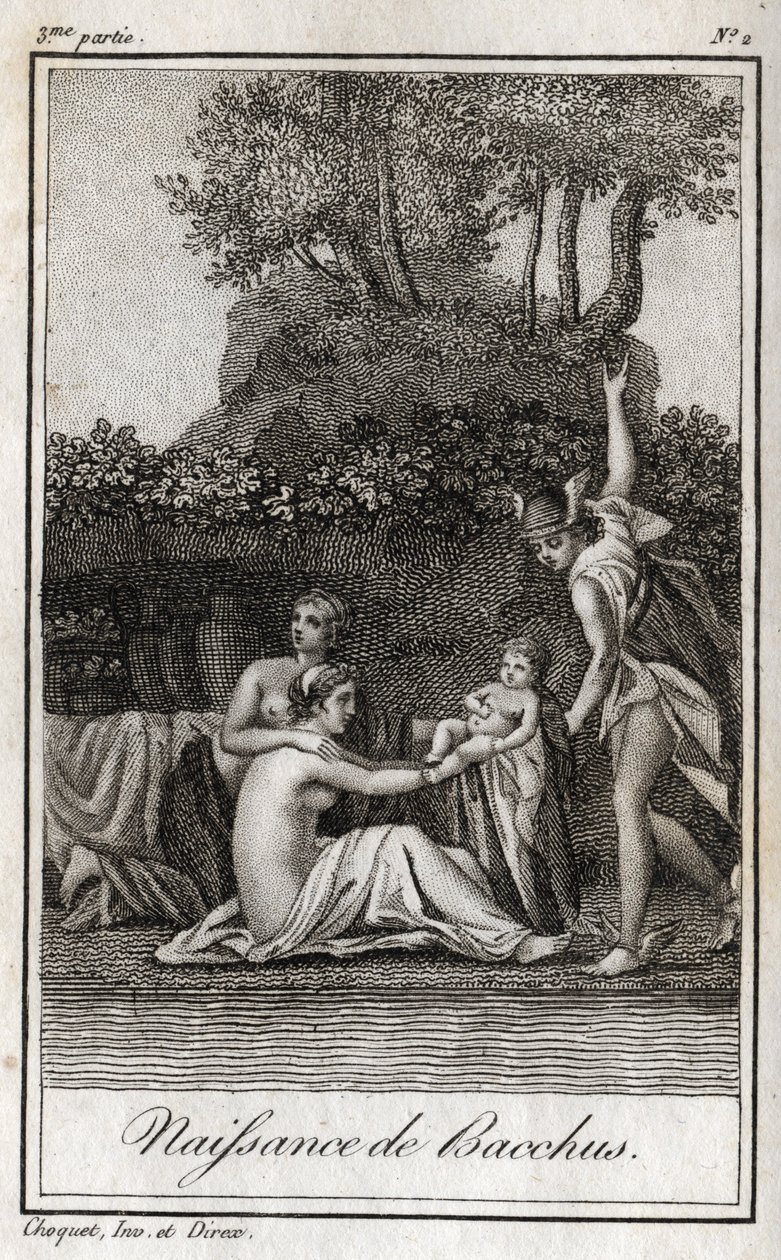 Födelse av Bacchus, son till Jupiter och Semele. Gravyr från 1819 i "Lettres a Emilie sur la mythologie" av Charles Albert Demoustier (1760-1801). Privat samling. av Anonymous Anonymous