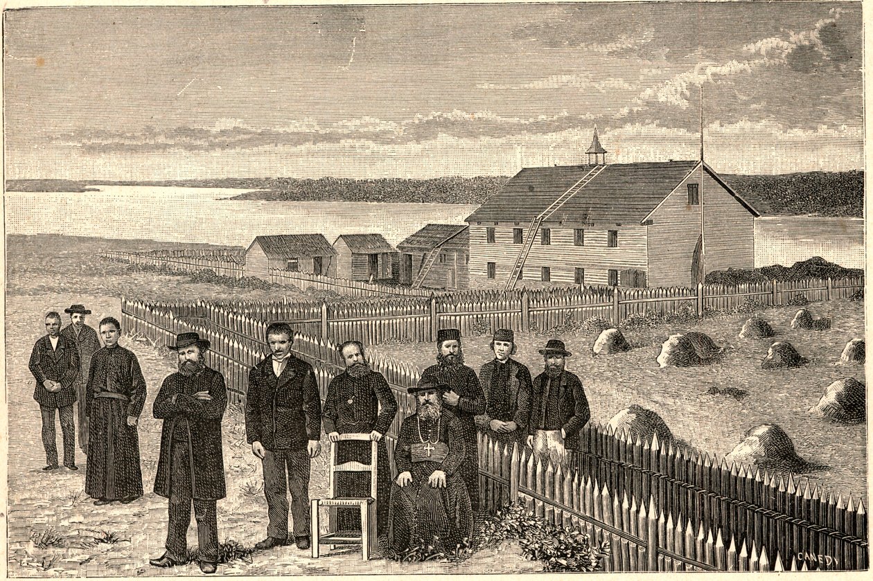 Biskop Isidore Clut (1832-1903), R.P. Le Corre och andra medlemmar av Providencemissionen i Athabaska Mackenzie (Athabaska-Mackenzie) i Kanada i slutet av 1800-talet. Gravyr i "Les Missions Catholiques au XIXeme Siecle"" av Louis-Eugene (Lou av Anonymous Anonymous