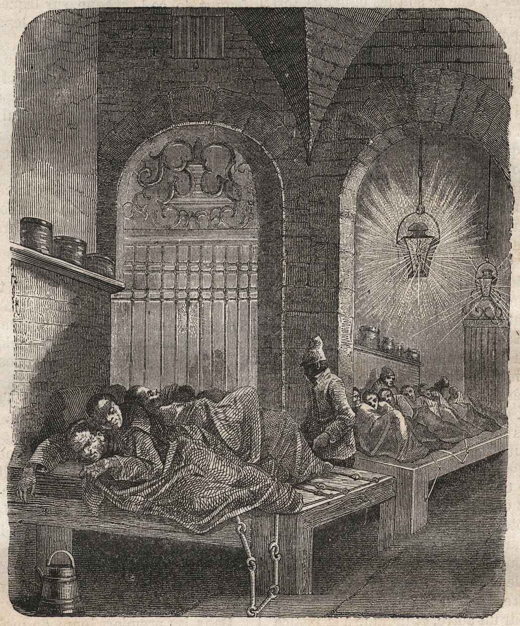 Brests fängelse på natten. Gravyr i "Fångarnas historia från deras skapelse till våra dagar" "(1877) av Pierre Zaccone (1817-1895) (Colonia Penale - Straffkoloni). Privat samling. av Anonymous Anonymous