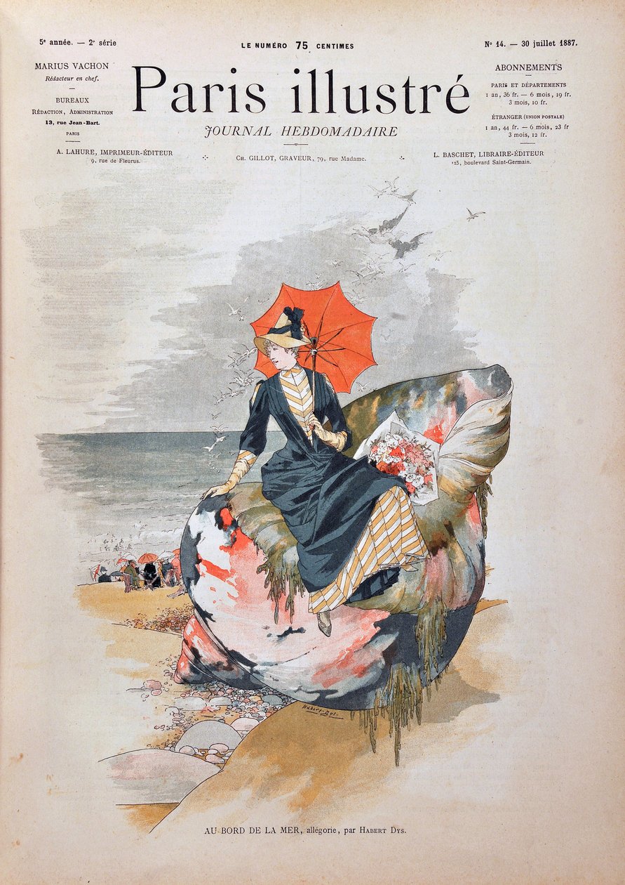 Vid havet, allegori av Habert Dys. Elegant kvinna med ett paraply som sitter på ett gigantiskt skal poserar på sanden på en strand. Gravyr från 1887 i "" Paris-Illustrous journal weekly"". av Anonymous Anonymous