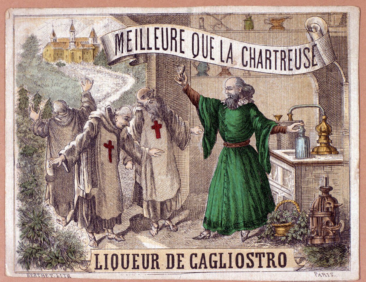 Cagliostro-likör gjord av destillation av aromatiska örter av munkar. kromolitografi från 1800-talet. av Anonymous Anonymous