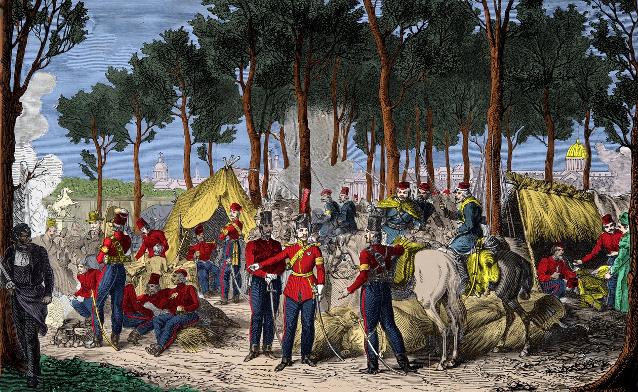Camping av ryska och engelska trupper vid Champs Elysees i Paris i juli 1815 efter Napoleon 1:s nederlag, gravyr, privat samling av Anonymous Anonymous