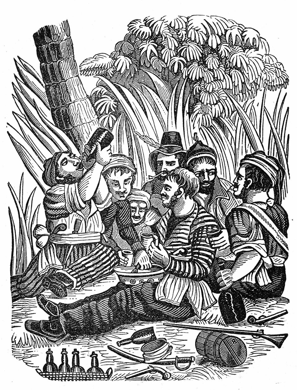 Kapten Bartholomew Roberts besättning vilar nära Old Calabar River, sent 1600-tal. Gravyr av "" Piratens egen bok"" 1837. av Anonymous Anonymous