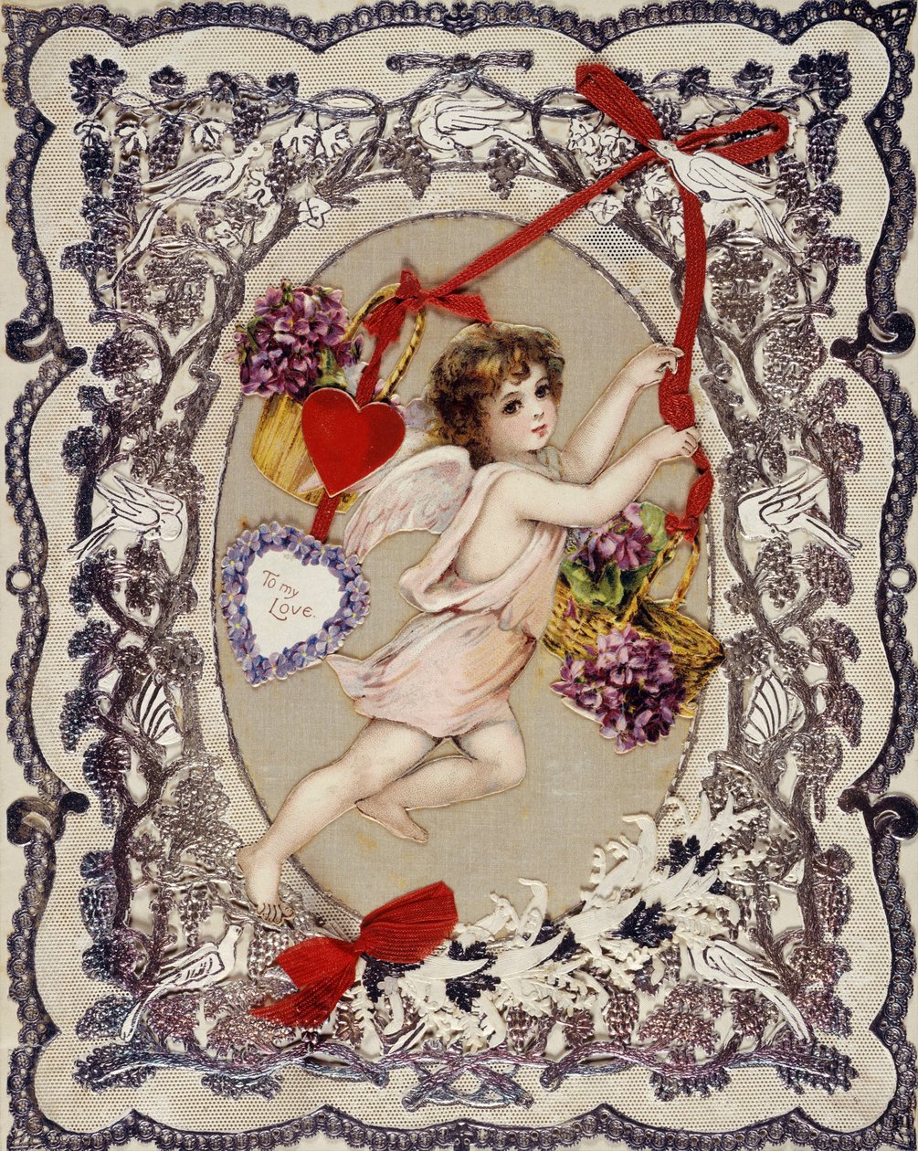 Alla hjärtans dag-kort - Anonymt arbete, litografi, decoupage, pappersspets och band, cirka 1860-1870 - Alla hjärtans dag-kort, blandad media ombord - Privat samling av Anonymous Anonymous