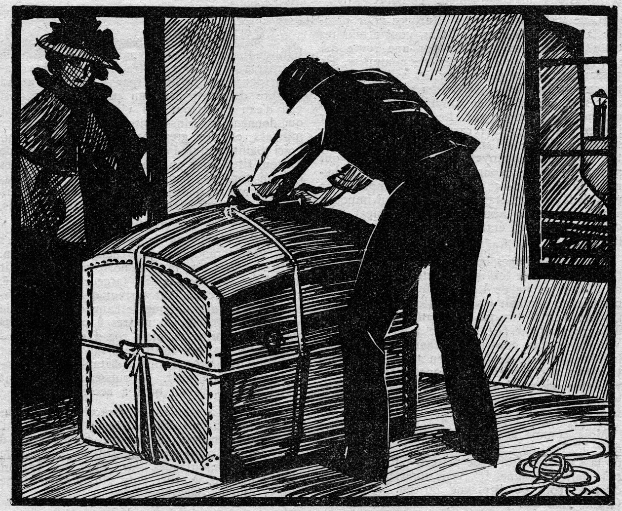 Fall Eyraud-Bompard (Eyraud Bompard) eller fallet med den blodiga stammen: upptäckte stammen som användes för att dölja liket av fogden Gouffe som mördades 1888 i Paris av paret Michel Eyraud och Gabrielle Bompard. Illustration tagen från "" Le petit journ av Anonymous Anonymous