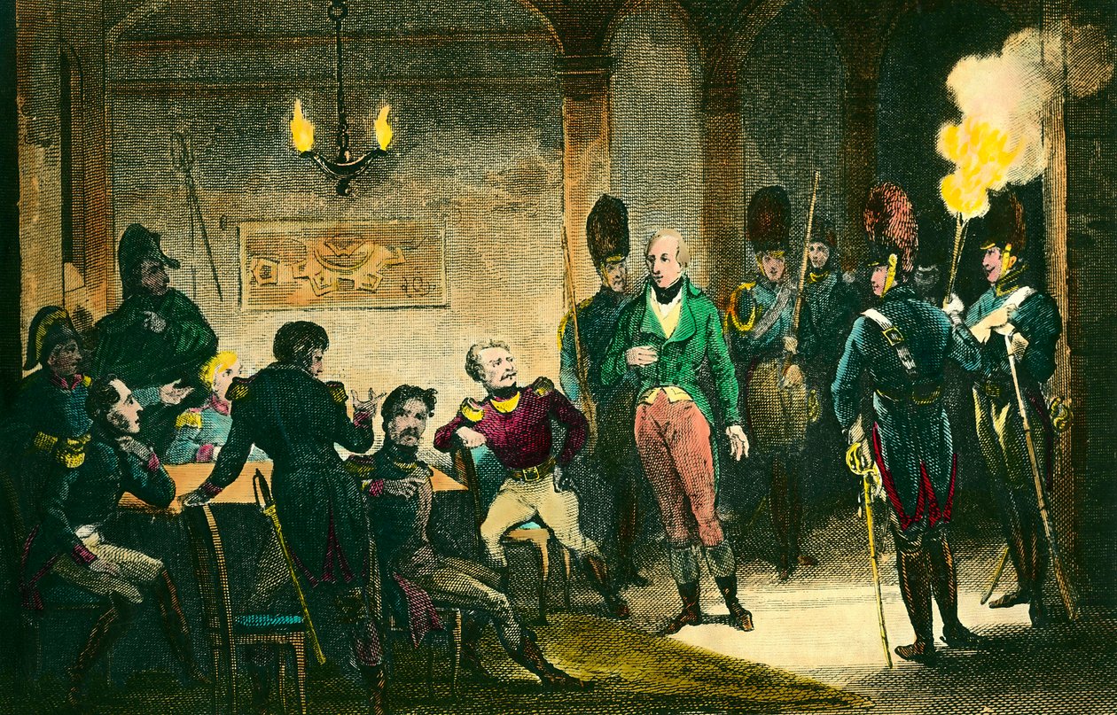Fall av Louis de Bourbon, hertig av Enghien (1772-1804): platsen för rättegången mot prinsen misstänkt för att ha konspirerat mot den förste konsuln Napoleon Bonaparte, han dömdes och avrättades utan bevis. Gravyr från 1804. Privat samling - The Judgem av Anonymous Anonymous