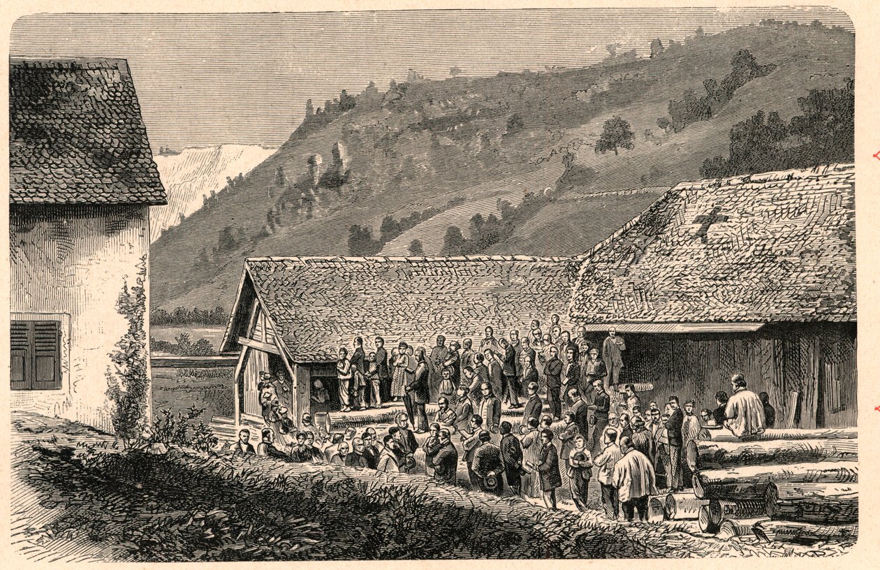 Firande av katolsk gudstjänst i Saint Ursanne (Saint Ursanne) i Schweiz 1874, efter ett fotografi. Gravyr i "The Catholic Missions in the XIXth Century"" av Louis-Eugene (Louis Eugene) Louvet. privat samling. av Anonymous Anonymous