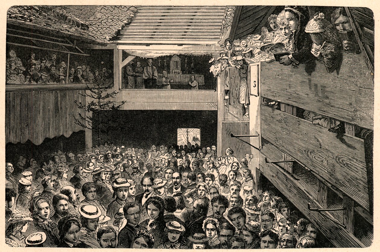 Firande av den katolska gudstjänsten i Porrentruy, Schweiz 1874, efter ett fotografi. Gravyr i "Les Missions Catholiques au XIXeme Siecle"" av Louis-Eugene (Louis Eugene) Louvet. privat samling. av Anonymous Anonymous