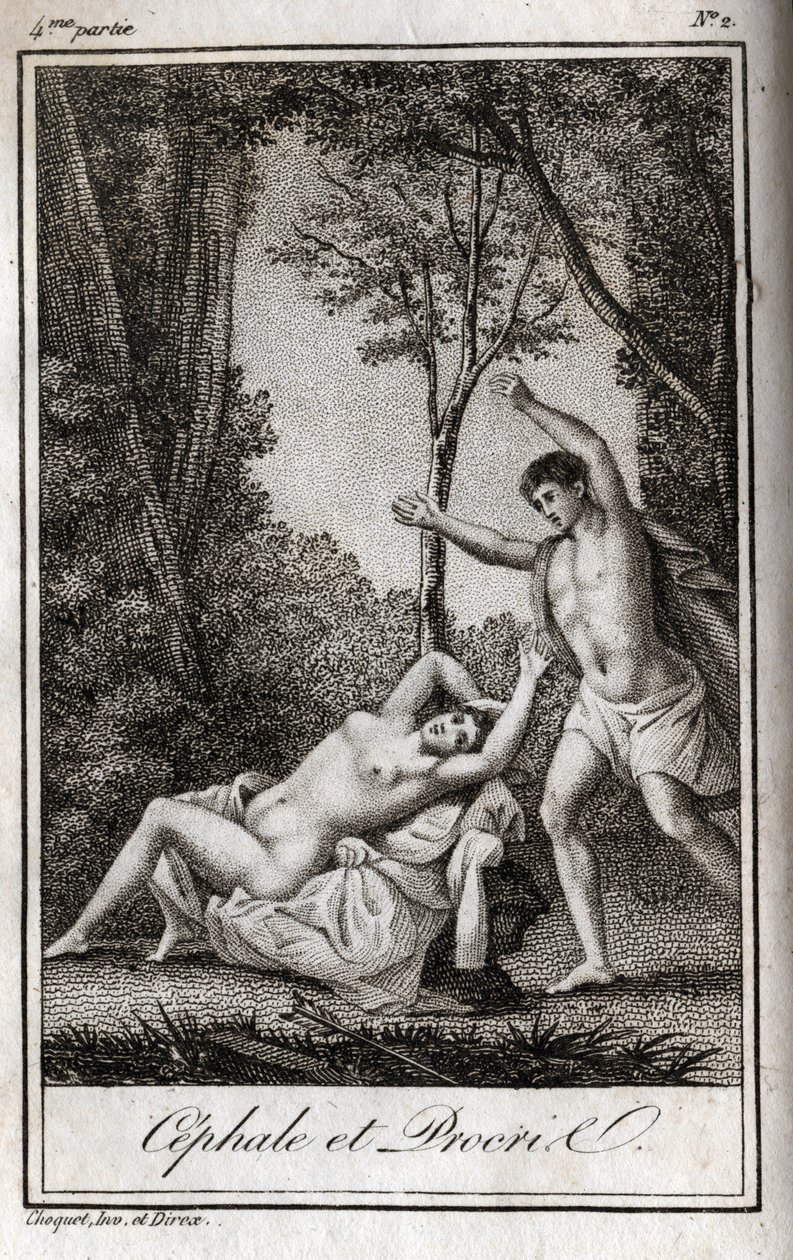 Cephale och Procris (Cephalus) par älskare. Gravyr från 1819 i "Lettres a Emilie sur la mythologie" av Charles Albert Demoustier (1760-1801). Privat samling. av Anonymous Anonymous