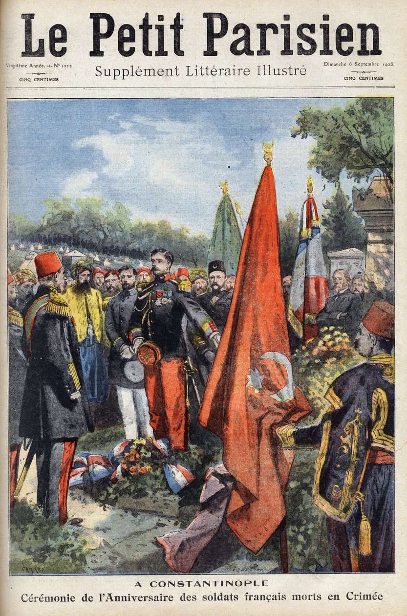 Ceremoni i Konstantinopel av det bysantinska riket (Istanbul, Turkiet) för årsdagen av de franska soldaterna som dog på Krim. En av tidningen "" Le petit parisien"" den 6/09/1908. Privat samling. av Anonymous Anonymous