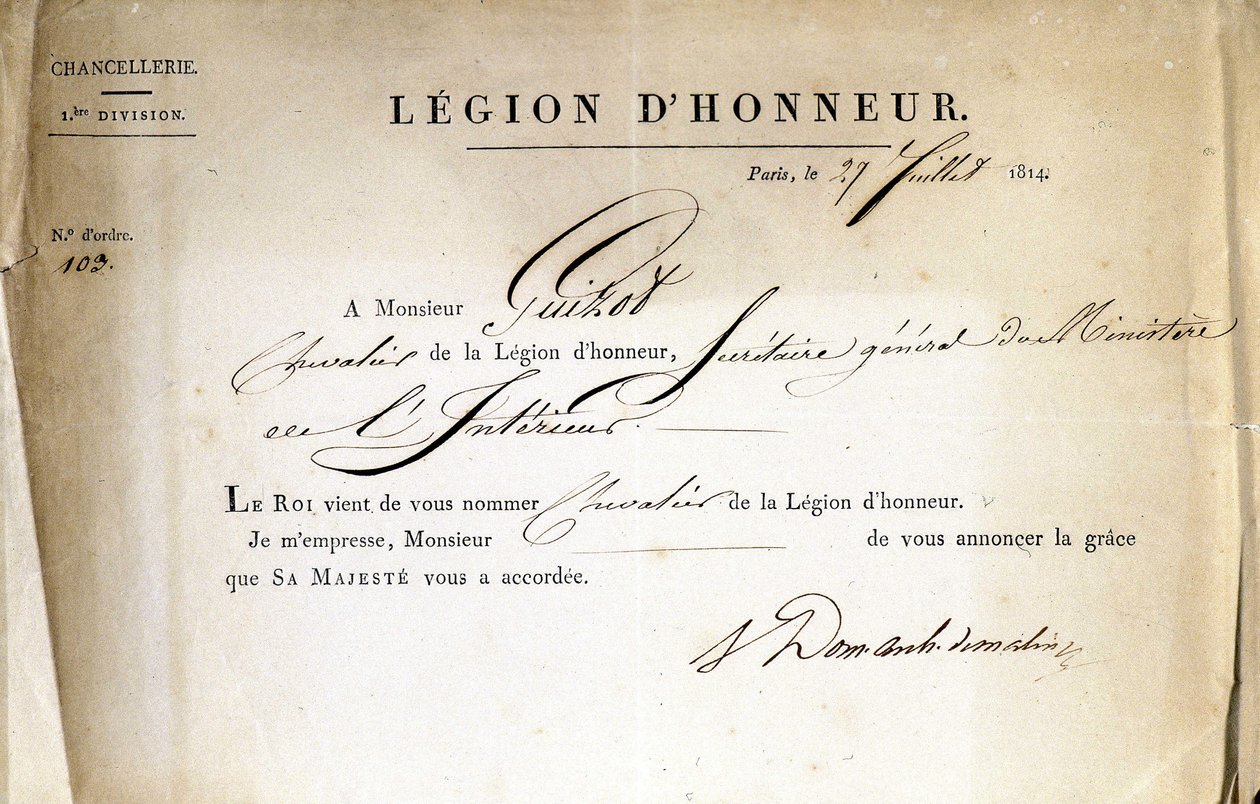 Intyg om leverans av Hederslegionen till Guizot, generalsekreterare för inrikesministeriet, 1814-07-21. av Anonymous Anonymous